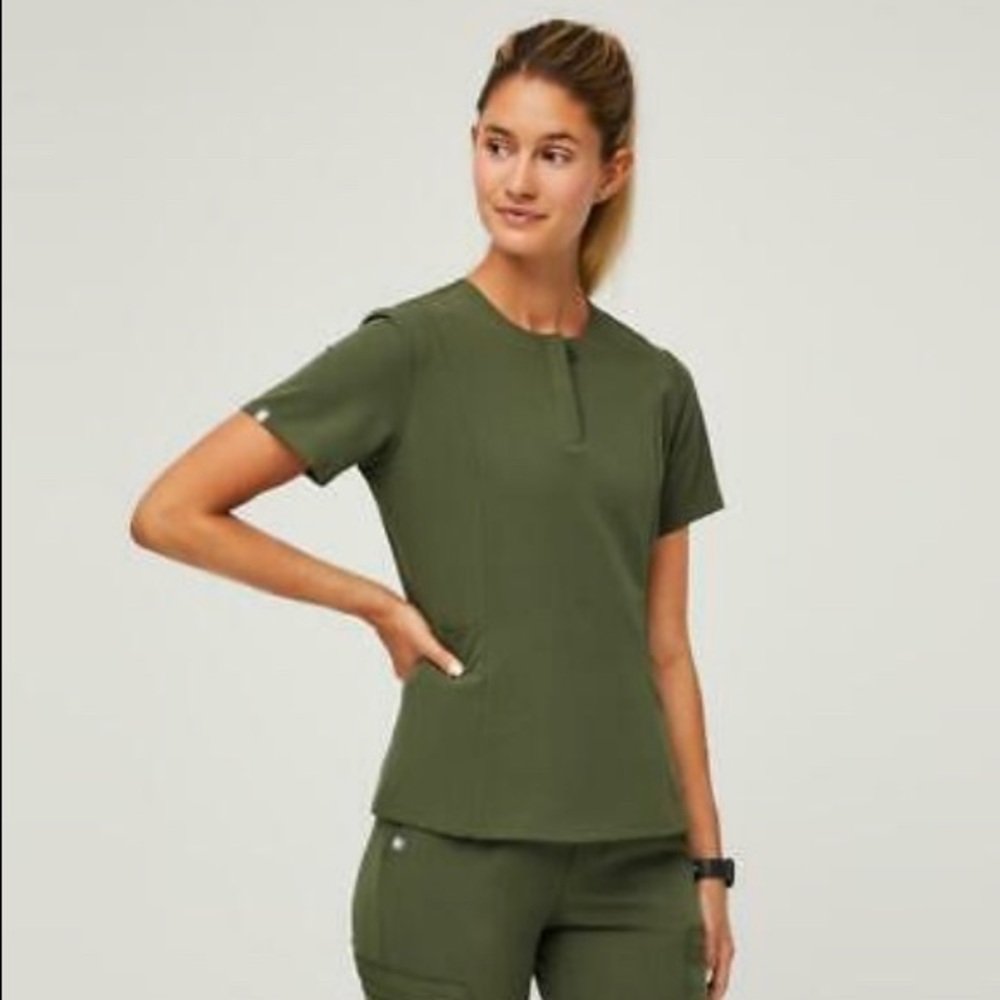 FIGS Limited Edition Dark Olive Bristol Slim Henley Scrub Top (L)